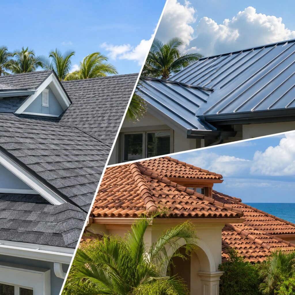 Collage of three houses showing different roof types: gray asphalt shingles, blue metal, and terracotta clay tiles with palm trees in the background.