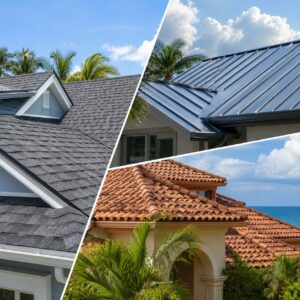 Collage of three houses showing different roof types: gray asphalt shingles, blue metal, and terracotta clay tiles with palm trees in the background.